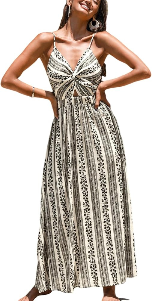 CUPSHE Women's Maxi Dress V Neck Twisted Sleeveless Cutout Self Tie Long Dress Summer Formal Dres... | Amazon (US)