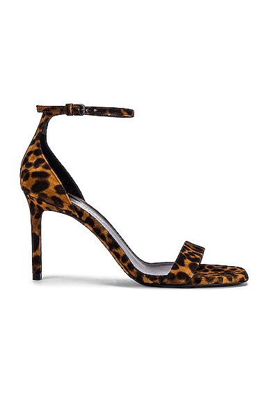 Saint Laurent Leopard Amber Ankle Strap Sandals in Animal Print,Brown | FWRD 