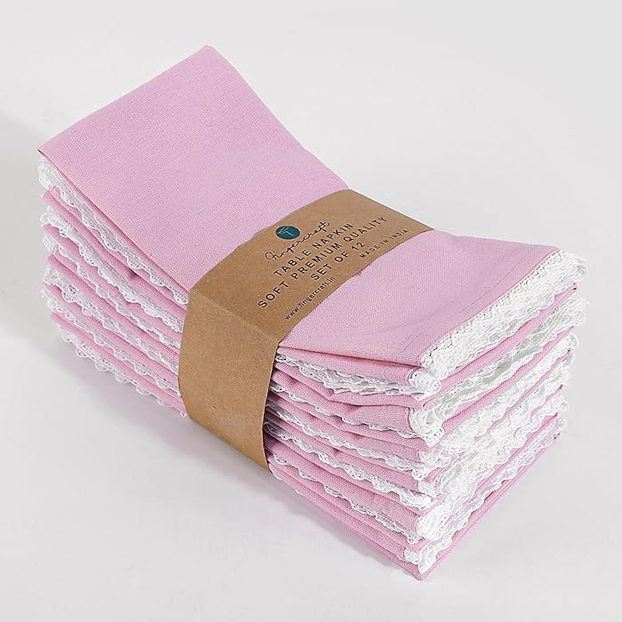 FINGERCRAFT Dinner Cloth Napkin Cotton Linen Blend 4 Pack Mitered Corners with Elegant Lace for E... | Amazon (US)