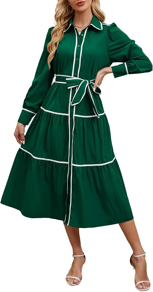 CCTOO Women Long Sleeve Dress: Fall V Neck Button Down Belted A Line Tiered Flowy Ruffle Maxi Shi... | Amazon (US)