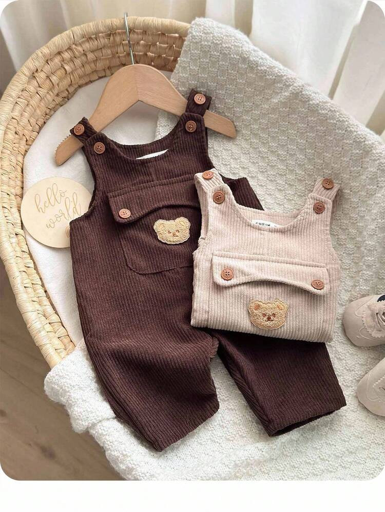 SHEIN 2 Pezzi/Set Tutina E Salopette Per Bimbo E Bimba, Stile Casual Sportivo, Con Motivo Orsetto Carino, Spalle Larghe, Tasche Grandi, Adatto Per Autunno/Inverno, Per Uso Interno Ed Esterno | SHEIN