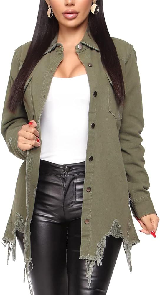 Jean Jacket for Women Distressed Ripped Long Sleeve Oversized Denim Jackets | Amazon (US)