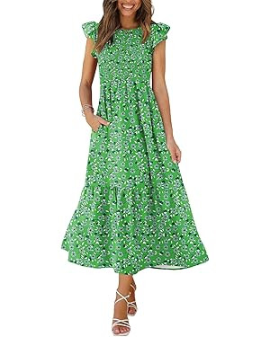OFEEFAN Women's Casual Maxi Dresses with Pockets Ruffle Sleeve Smocked Dress XS-2XL | Amazon (US)