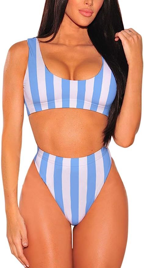 Pink Queen Women's Crop Top High Waisted Cheeky Bikini Set Two Piece Swimsuits | Amazon (US)