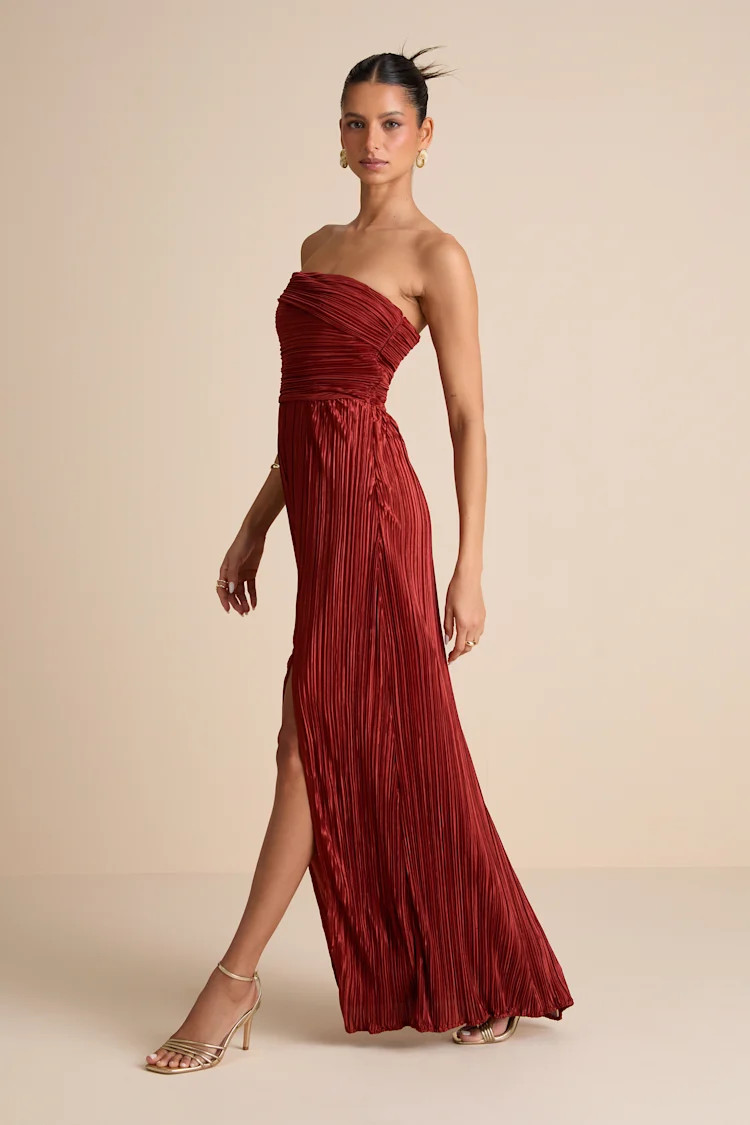 Poised Performance Rust Red Plisse One-Shoulder Maxi Dress | Lulus