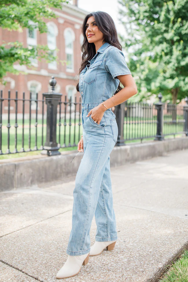 Chances Are Medium Wash Button Up Denim Jumpsuit | Pink Lily