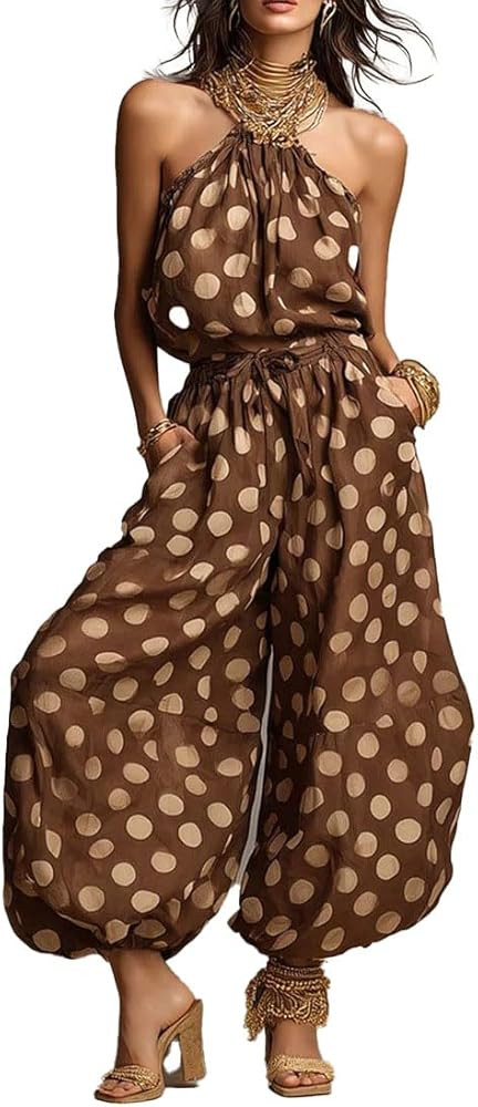 Wuitrie Women's Sexy Polka Dot Halter Jumpsuit Flowy Wide Leg Pants Sleeveless Backless Summer Be... | Amazon (US)