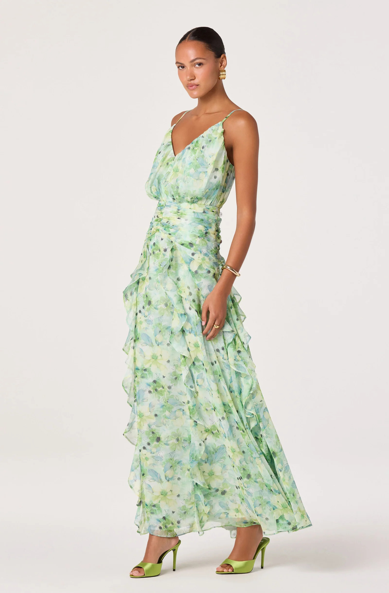 Brianna Ruffle Chiffon Maxi Dress - Green floral / XS | ASTR The Label (US)