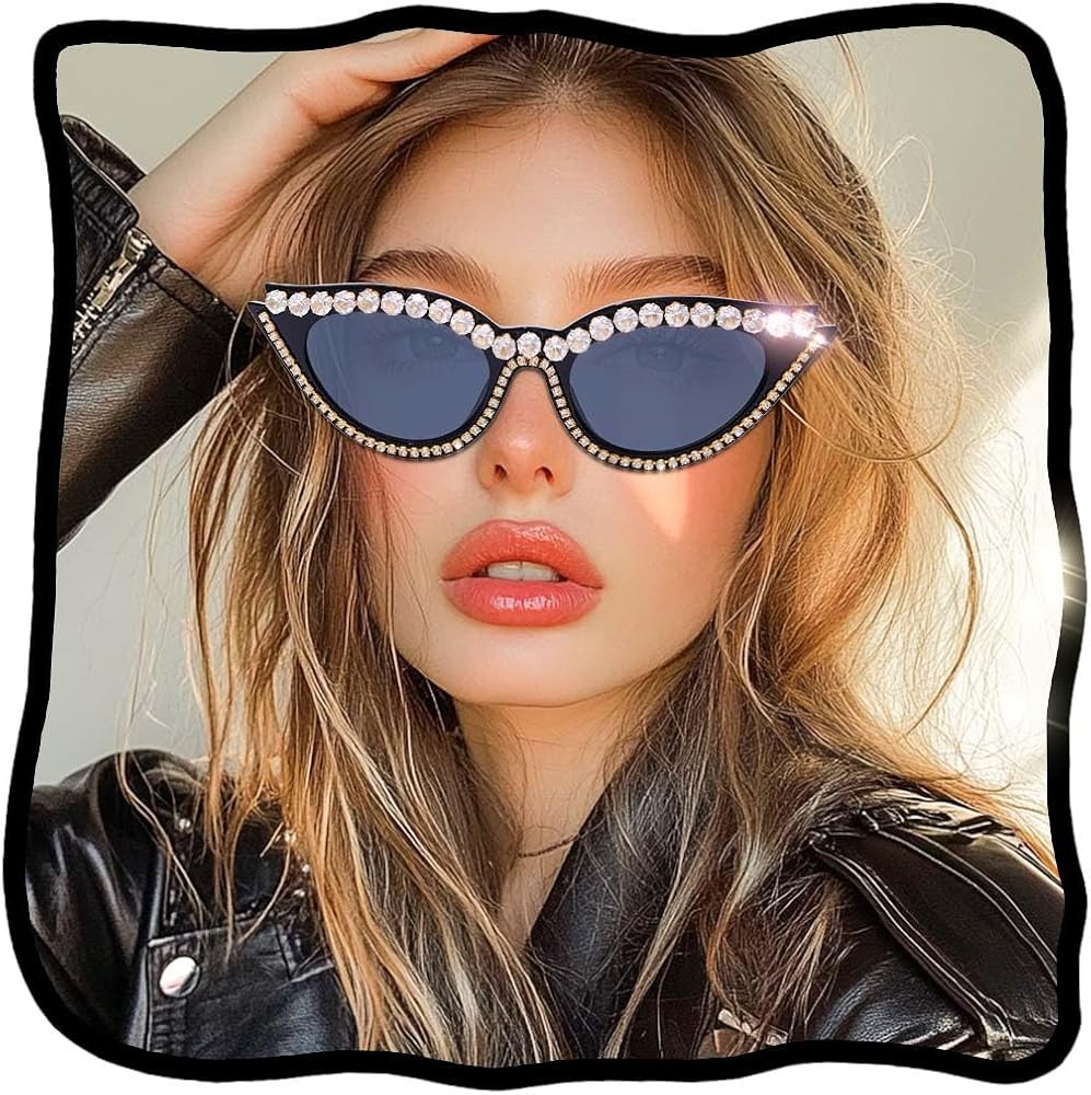 Woeoe Fashion Oversized Rhinestone Sunglasses Bling Cat Eye Sun Glasses for Women | Amazon (US)
