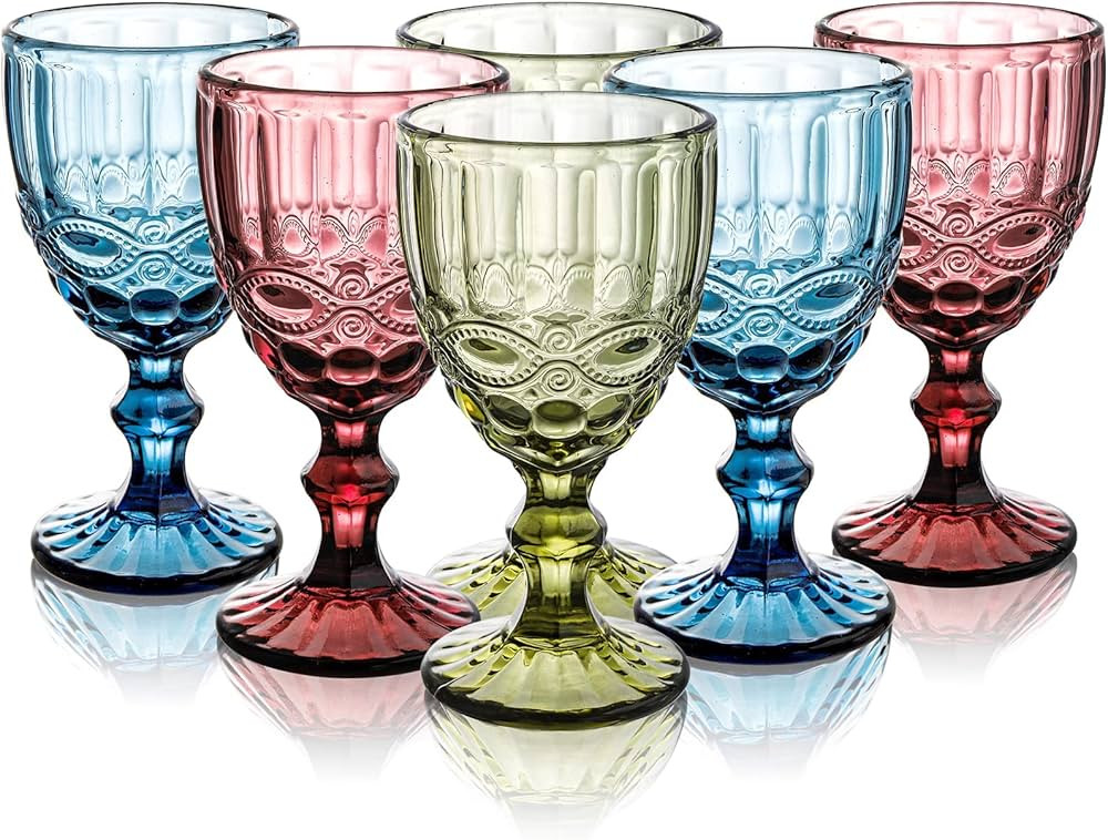 Youeon Set of 6 Colored Wine Goblets, 10 Oz Wine Glasses Set with Embossed Pattern, Colored Wine ... | Amazon (US)