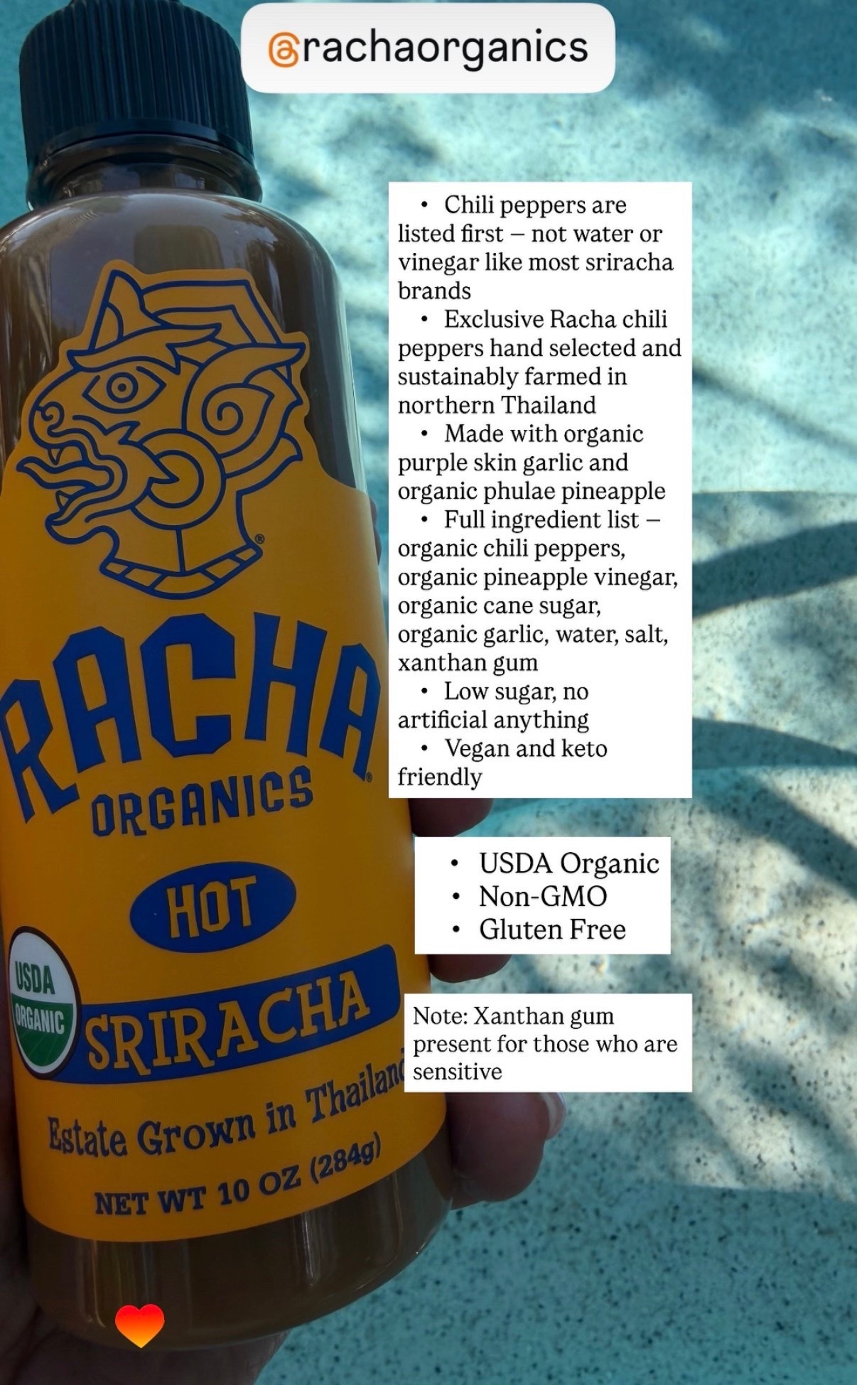 Finally a sriracha that passes my ingredient check. Organic chili peppers listed first, not water or vinegar like most brands. Hand selected and sustainably farmed in northern Thailand, made with organic pineapple vinegar and organic garlic. USDA Organic, Non-GMO and gluten free. Your condiment drawer needs this upgrade immediately. 🌶️

I found this at the Erewhon Glendale grand opening but you do not need to make the trip. I have it linked below so you can grab it on Amazon. 

#RachaOrganics #OrganicSriracha #CleanCondiments #LowToxLiving #OrganicFood #CleanEating #NonGMO #LowToxFood #HotSauce #CleanLiving

#LTKfoodie