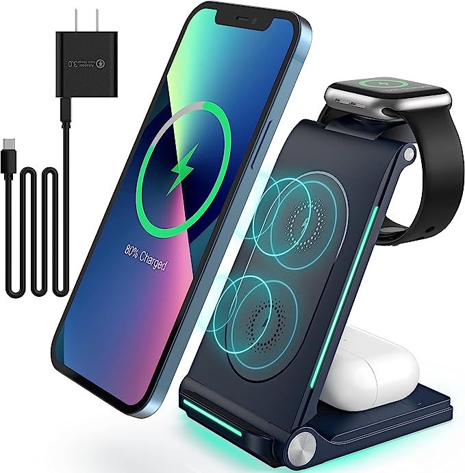 Wireless Charging Station 3 in 1 Foldable, Qi-Certified 15W Wireless Fast Charger Stand for Multi... | Amazon (US)