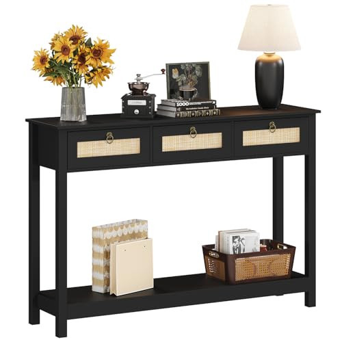 LAZZO Rattan Console Table Boho Entryway Table Narrow Long Sofa Table Hallway Foyer Table Behind Couch Table with 3 Drawers and Open Storage Shelf for Living Room and Corridor Black | Amazon (US)