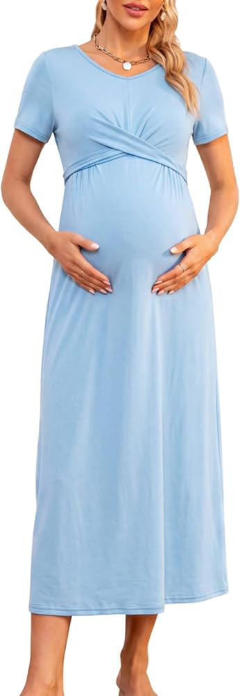 Summer Maternity Dress with Back Tie, V Neck Empire Waist A Line Midi for Baby Shower Photoshoot ... | Amazon (US)