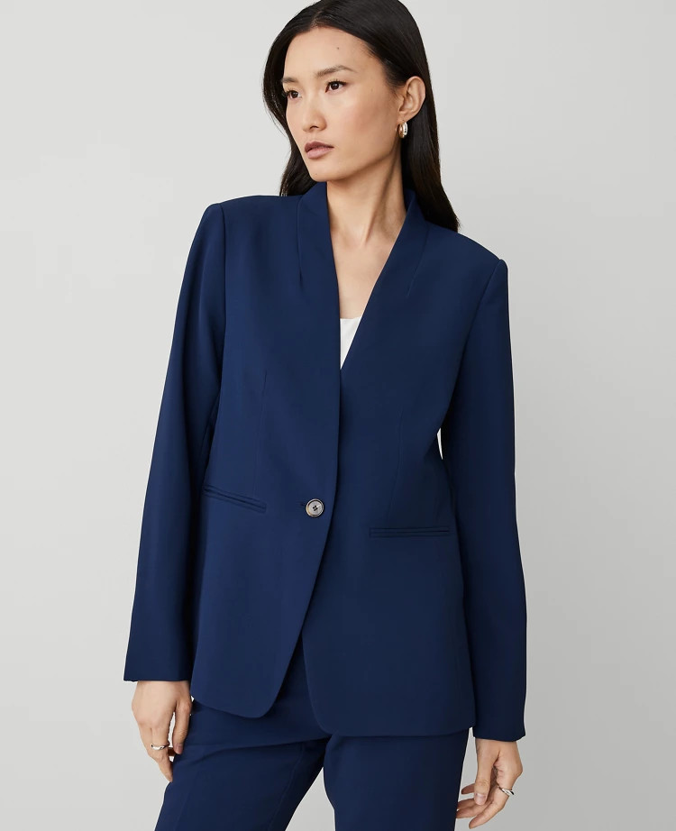 The Petite Long Collarless Blazer in Fluid Crepe | Ann Taylor