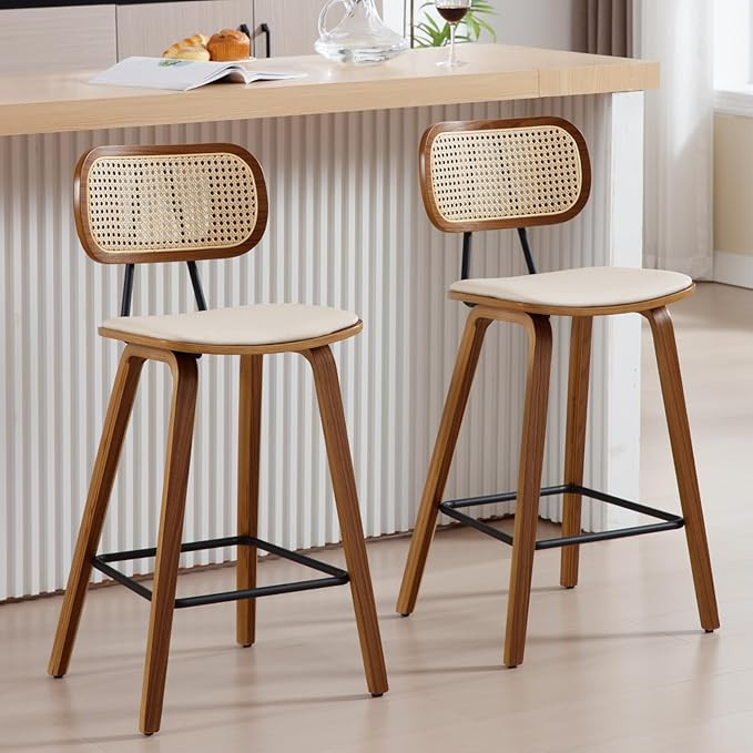 Ya-Home Mid-Century Bar Stools Set of 2, 26 Inch PU Leather Barstools with Open Rattan Backrest W... | Amazon (US)