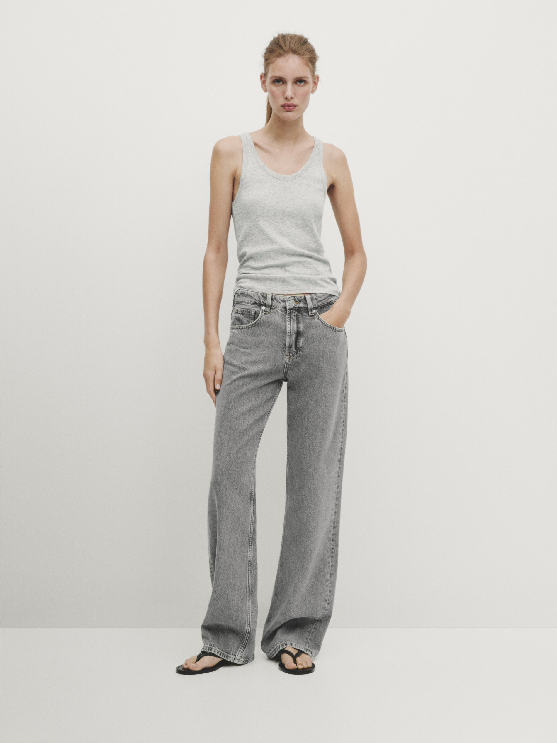 Mid-rise wide-leg full length jeans | Massimo Dutti UK