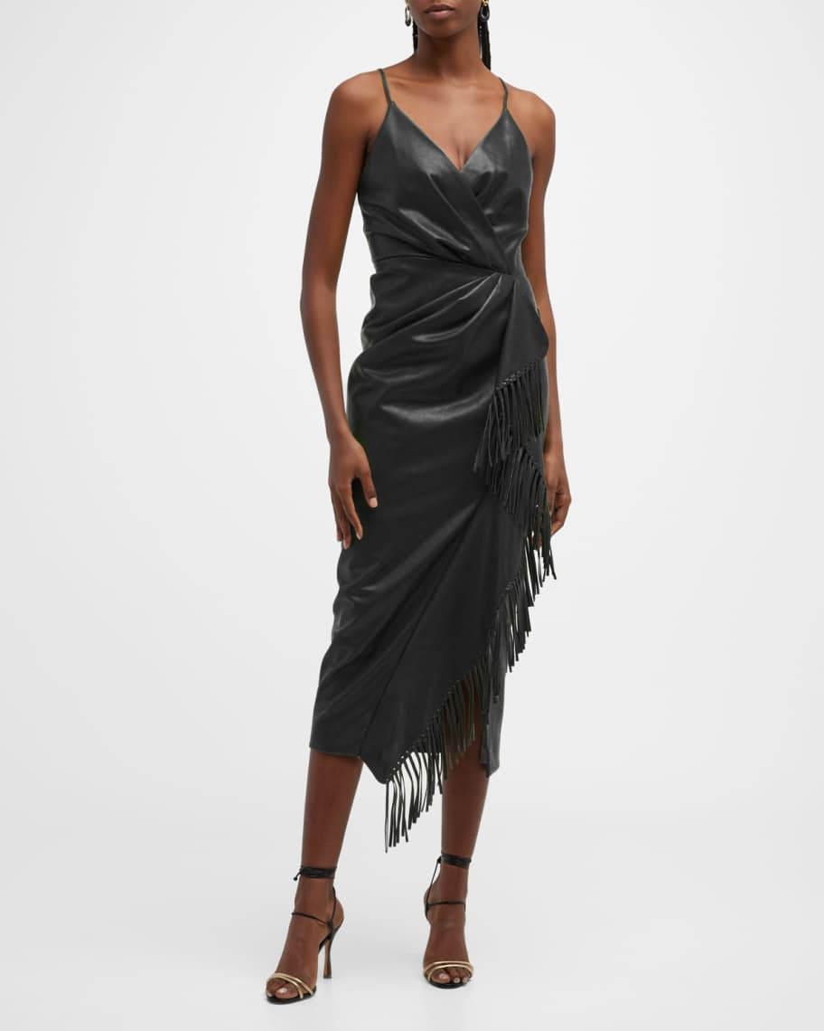 Carlee Vegan Leather Fringe Midi Wrap Dress | Neiman Marcus