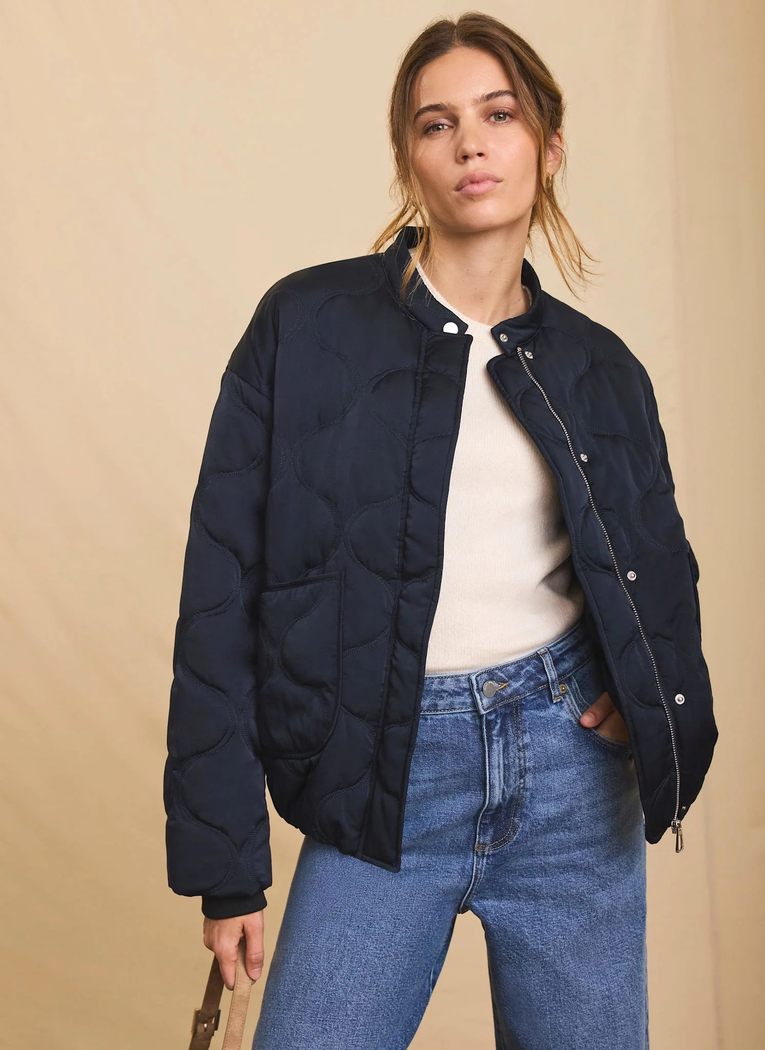 Navy Quilted Bomber Jacket | Mint Velvet