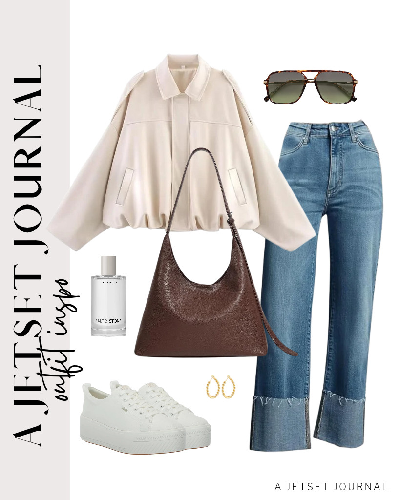 First up is this combo of KUNMI high-waisted jeans paired with a beige faux suede bomber jacket. We are styling this fit with Keds Skyler lace-up sneakers and a brown slouchy shoulder bag. Complete this look with Gacimy chunky hoop earrings and a few sprays of Salt & Stone Signature Duo. 

 #LTKSeasonal #LTKSaleAlert #LTKTravel
