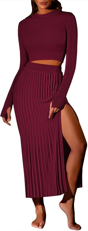 Pink Queen Women's 2 Piece Sweater Outfits Set Long Sleeve Crop Top Ribbed Split Bodycon Midi Lon... | Amazon (US)
