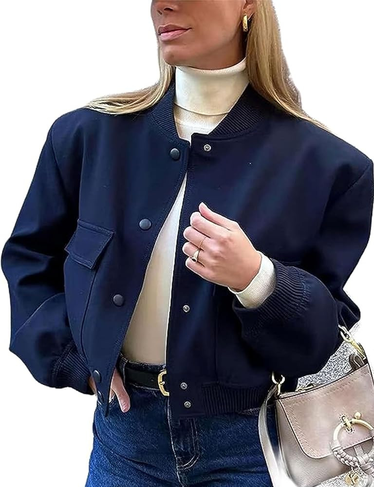 Zontroldy Women's Cropped Casual Long Sleeve Varsity Jacket Bomber Jackets Y2k Streetwear Shacket... | Amazon (US)