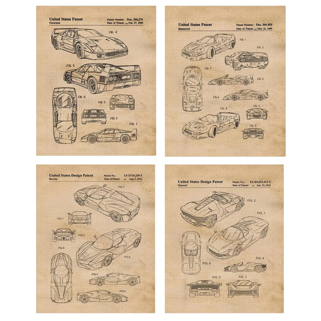 Classic Sports Car Patent Prints, 4 Unframed Photos, Wall Art Decor for Home Work Office Ferrari ... | Etsy (US)