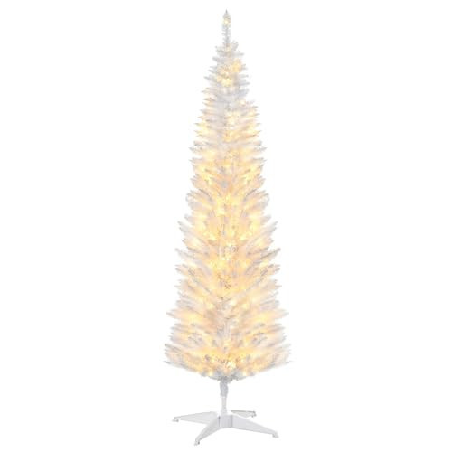 HOMCOM 5' Tall Pre-Lit Slim Noble Fir Artificial Christmas Tree with 110 Warm White LED Lights and 294 Tips, for Christmas Decoration, White | Amazon (US)