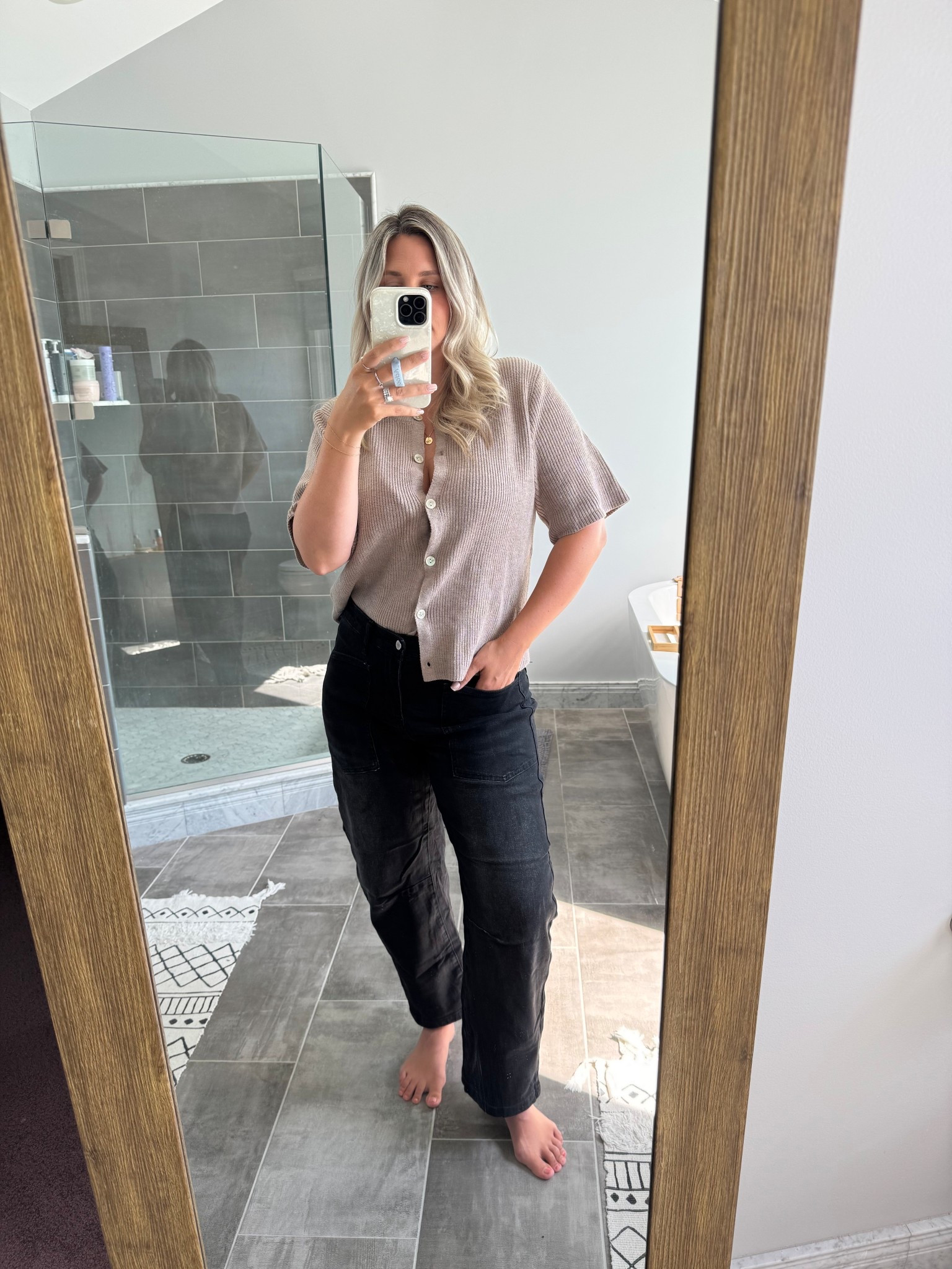 Comfortable and easy to throw on outfit! Barrel jeans and a soft button down sweater. 
I got a small in the sweater and size 6 in the pants 

#LTKStyleTip