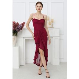 Asymmetric Ruffle Hem Ruched Mesh Cami Dress in Red | Chicwish