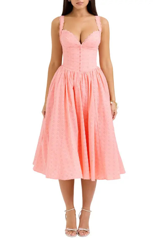 HOUSE OF CB Adalyn Eyelet Corset Midi Dress in Peach Pearl at Nordstrom, Size Large | Nordstrom