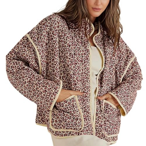 Omoone Women's Cropped Quilted Jacket Floral Printed LightWeight Padded Puffer Cardigan Coat Outwear(3950-09Red-XS) | Amazon (US)