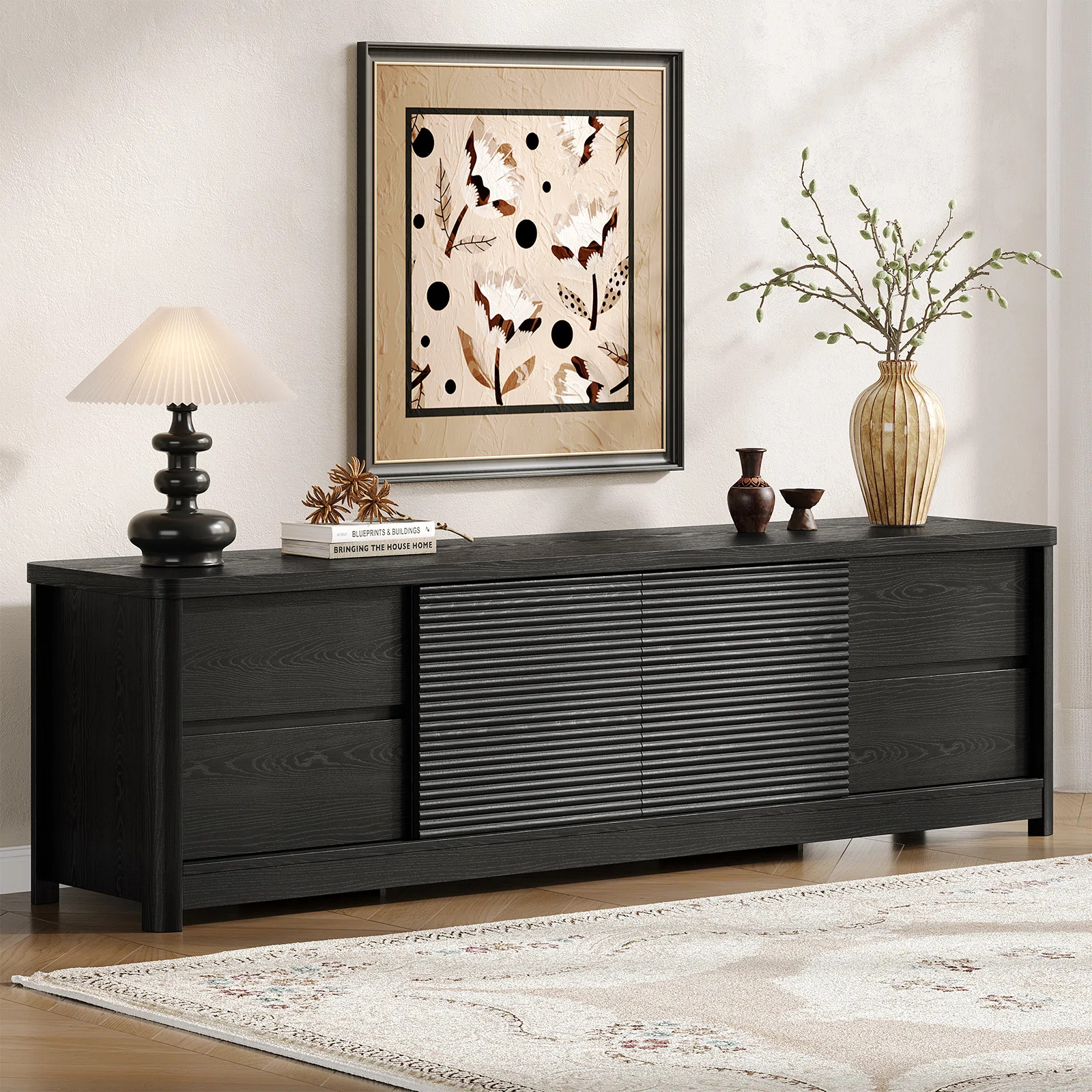 68'' TV Stand With 4 Drawers & Sliding Doors, Wave Design Wooden TV Cabinet  With Power Strip Com... | Wayfair North America