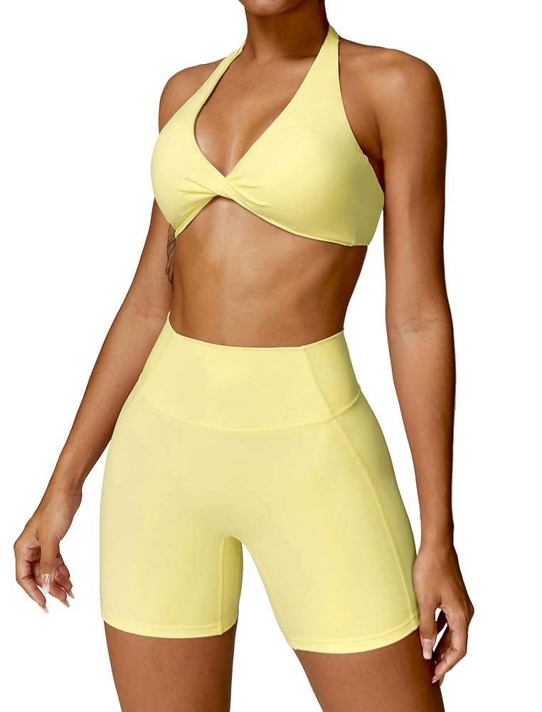 ABOCIW Workout Sets for Women Twist Front Halter Neck Sports Bra High Waist Biker Shorts 2 Piece ... | Amazon (US)