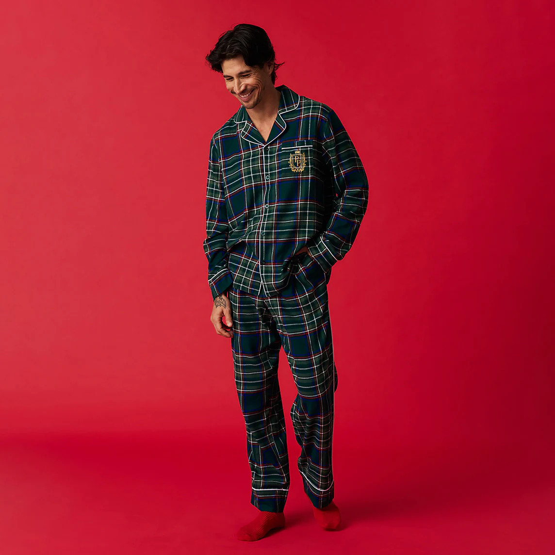 Holiday Green Long Sleeve Luxe Men's Pajamas | Green Tartan Plaid | Posh Peanut