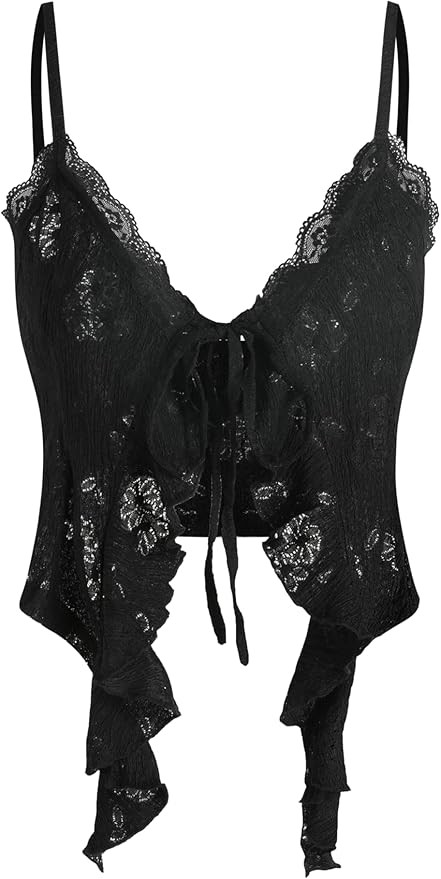 CIDER Going Out Tops for Women Y2K Tie Front Asymmetrical Ruffle Hem Lace Spaghetti Strap Cowgirl... | Amazon (US)