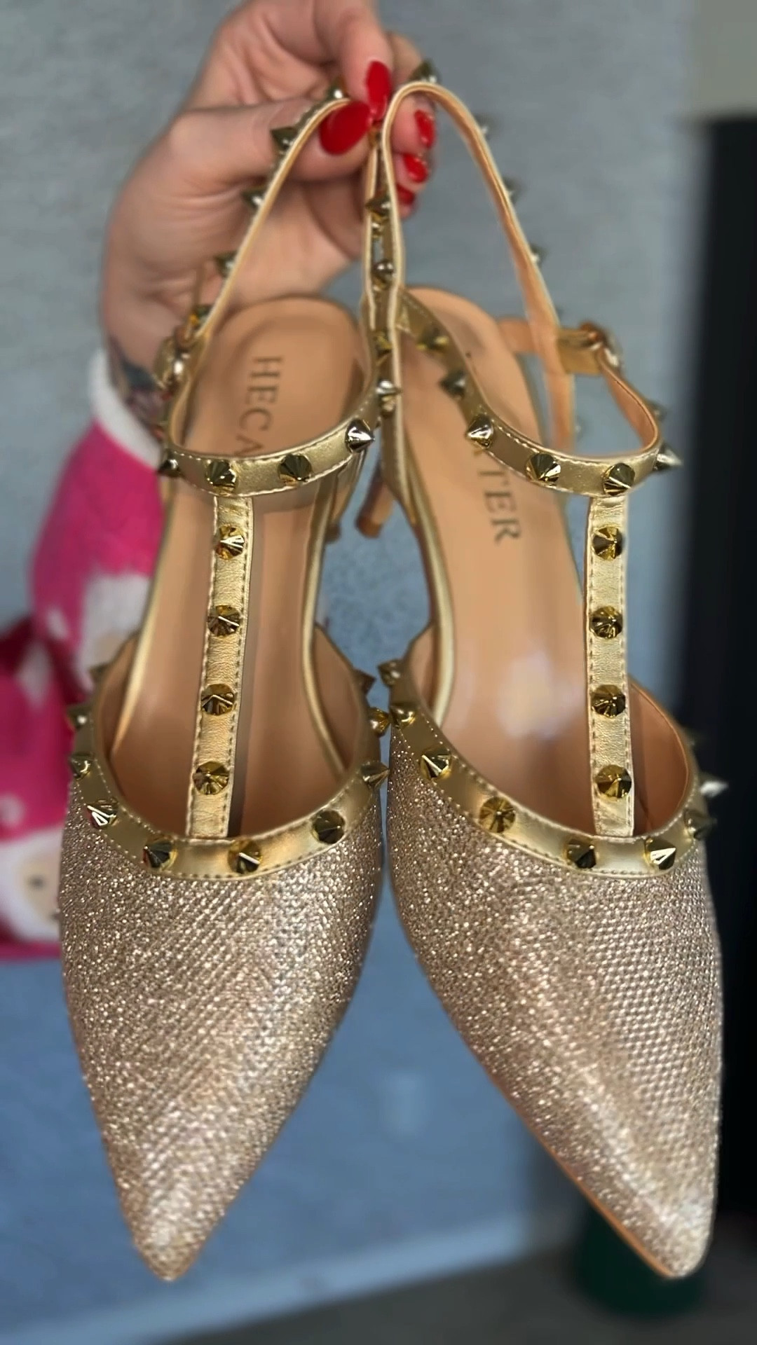 A moment for these studded heels ✨ loving the sparkly gold, and the studs are just so perfect for a little extra! The heel isn’t super high, and easy to walk in. 

#LTKMidsize #LTKHoliday #LTKFindsUnder50