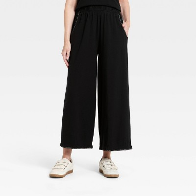 Women's Mid-Rise Wide Crop Leg Jersey Knit Pull-On Pants - Universal Thread™ Black S | Target