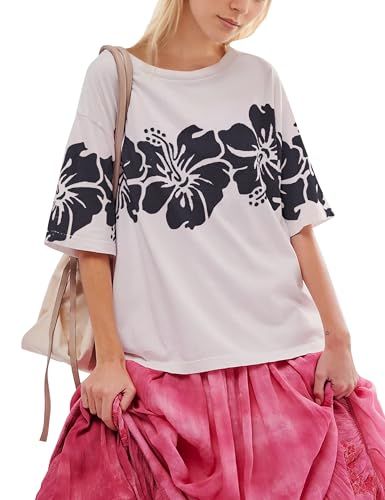 Cotton Oversized Hibiscus Tee Shirt for Women Floral Graphic Hawaiian T Shirts Casual Summer Vaca... | Amazon (US)