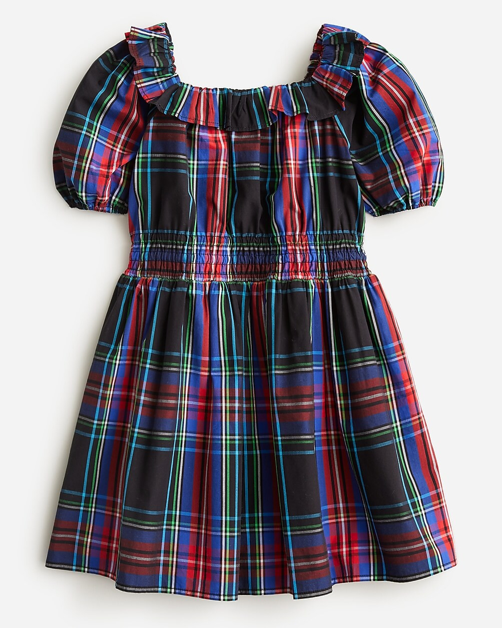 Girls' puff-sleeve dress in black Stewart tartan | J. Crew US