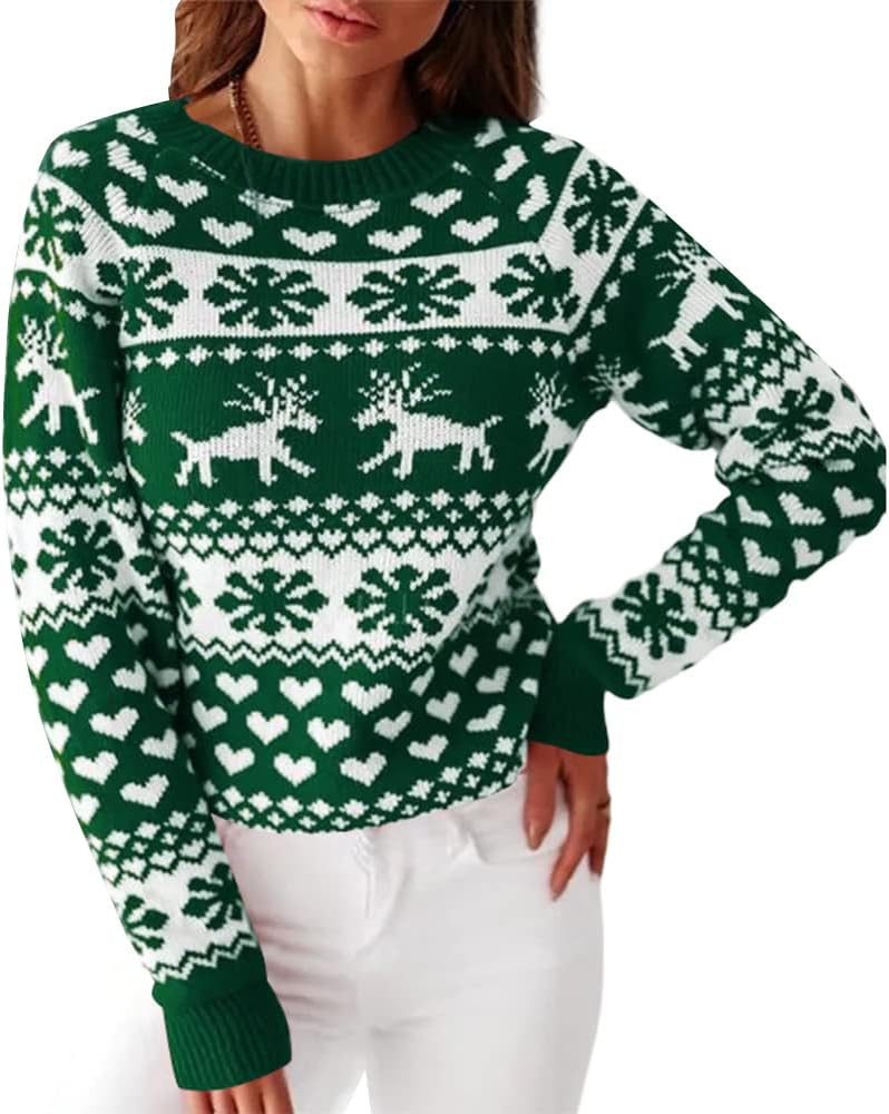 ZAFUL Women's Christmas Snowflake Reindeer Knitted Sweater Long Sleeve Crew Neck Heart Animal Pri... | Amazon (US)