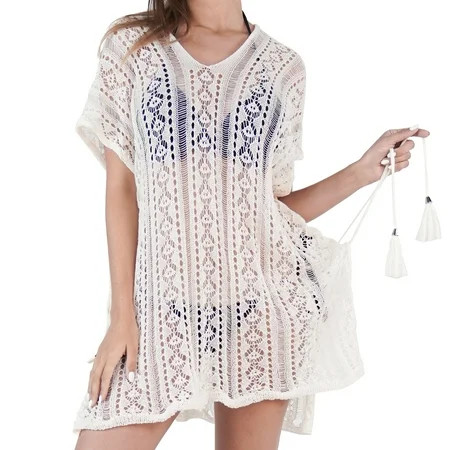 White Women Bathing Suit Cover Up V Neck Boho Beach Wear Swimsuit Coverup Cover Ups Swimwear Dress U | Walmart (US)