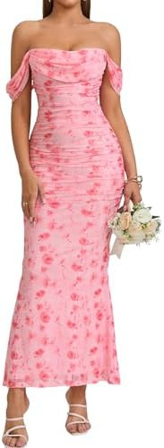 KUTUMAI Off The Shoulder Maxi Long Dress Corset Ruched Bodycon Formal Wedding Guest Dresses for W... | Amazon (US)