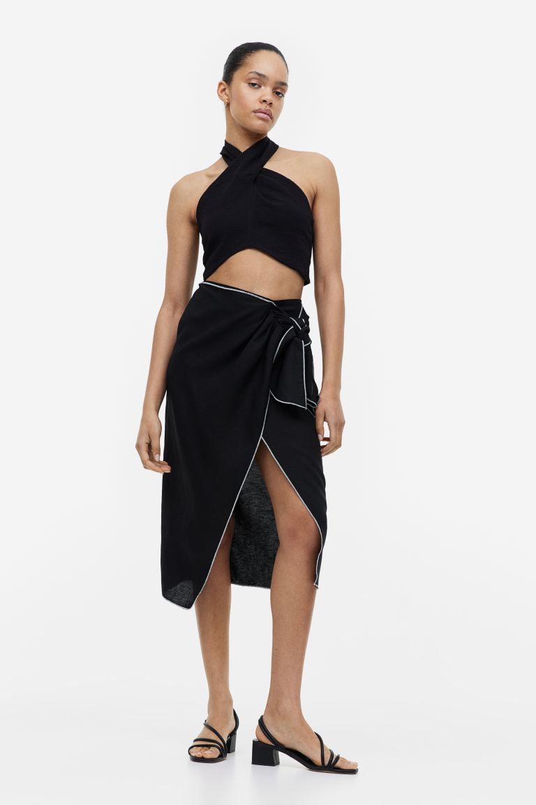 Linen-blend Wrap-front Skirt - Black - Ladies | H&M US | H&M (US + CA)