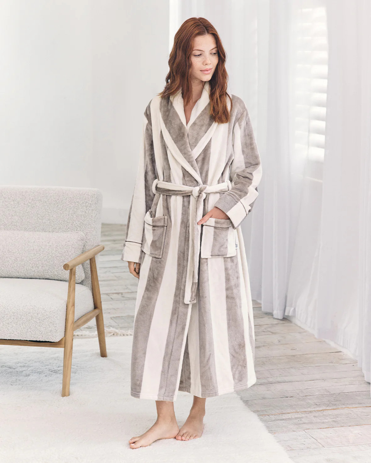 Fleece Stripe Long Dressing Gown - Taupe | Chelsea Peers NYC