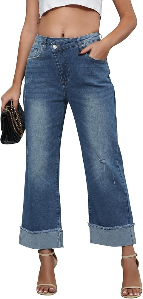 Genleck Wide Leg Cropped Jeans for Women Trendy High Waisted Crossover Boyfriend Jeans Mom Baggy ... | Amazon (US)