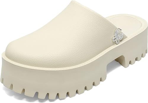 Women Platform Thick Soled Slippers,Beige Slip On Clogs Casual Non Slip Home Lazy Waterproof Fash... | Amazon (US)