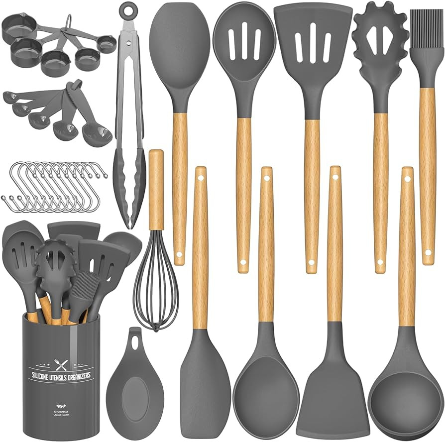Umite Chef Kitchen Cooking Utensils Set, 33 pcs Non-stick Silicone Spatula Set with Holder, Woodl... | Amazon (US)