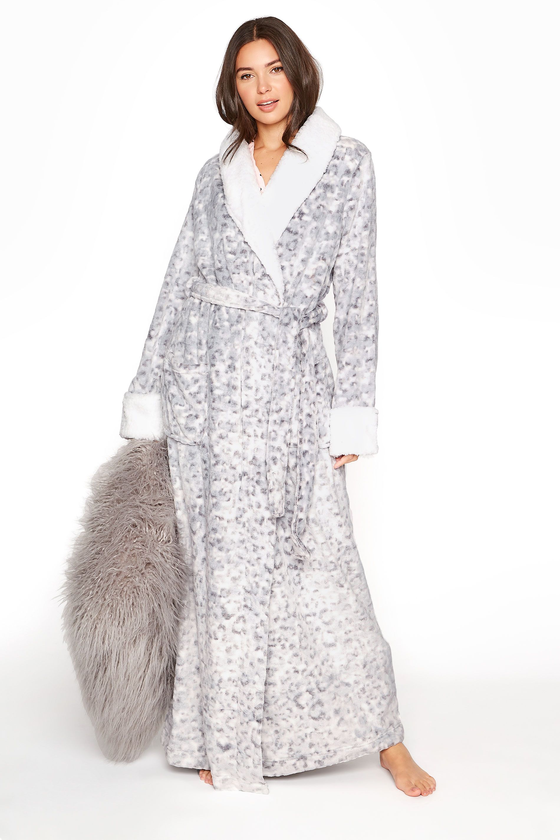 LTS Grey Animal Print Faux Fur Maxi Dressing Gown | Long Tall Sally | Long Tall Sally