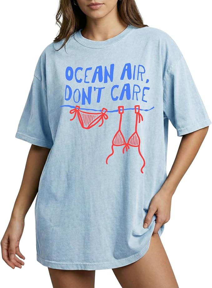Ocean Air Don't Care Design - Womens Comfort Colors - Light Blue Funny Bikini Beach Graphic Summe... | Amazon (US)